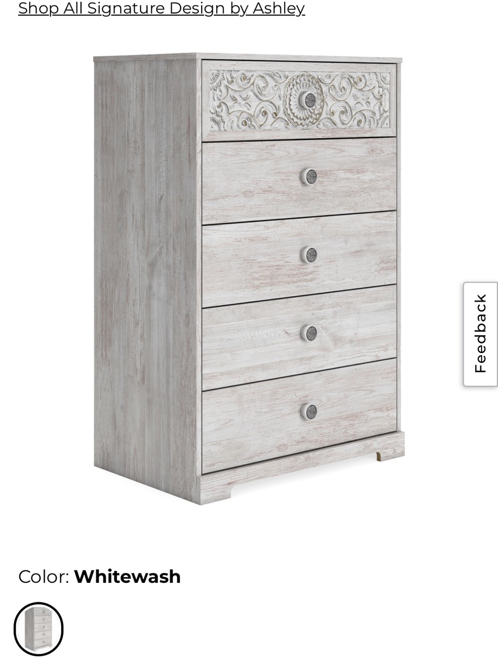 Ashley By 26 International Whitewash 5-Drawer Chest with Carved Accent